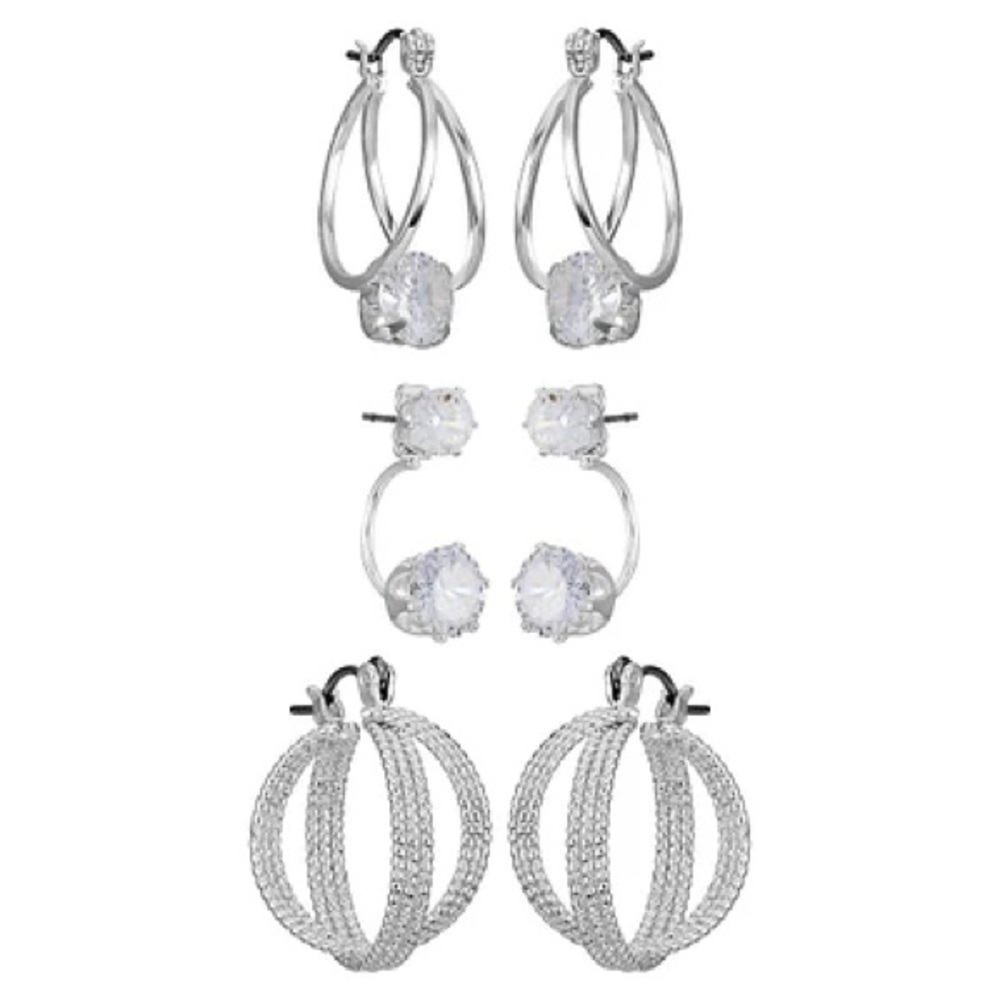 Silvertone & Cubic Zirconia 3-Pair Earring Set
